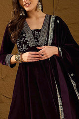 Purple Velvet Floral Printed Anarkali Trousers Suit Set PKSKD2829