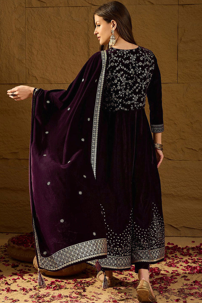 Purple Velvet Floral Printed Anarkali Trousers Suit Set PKSKD2829 | De