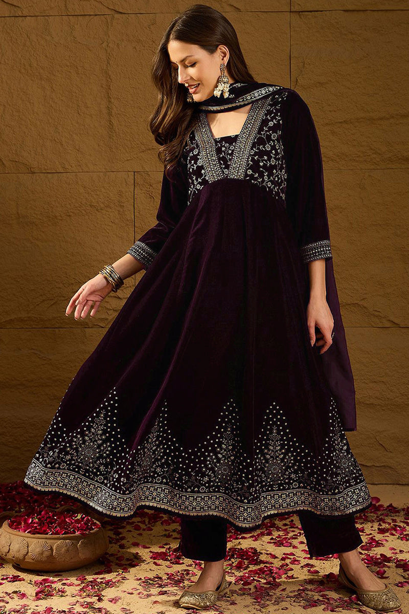 Purple Velvet Floral Printed Anarkali Trousers Suit Set PKSKD2829 | De