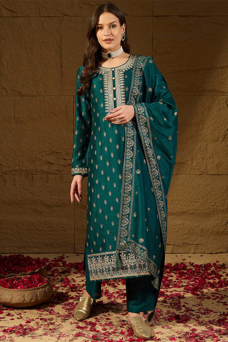Teal Silk Blend Embroidered Straight Kurta Trouser With Dupatta HOPPKS