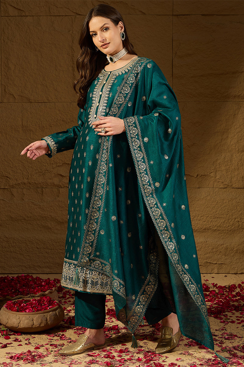 Teal Silk Blend Embroidered Straight Kurta Trouser With Dupatta HOPPKS