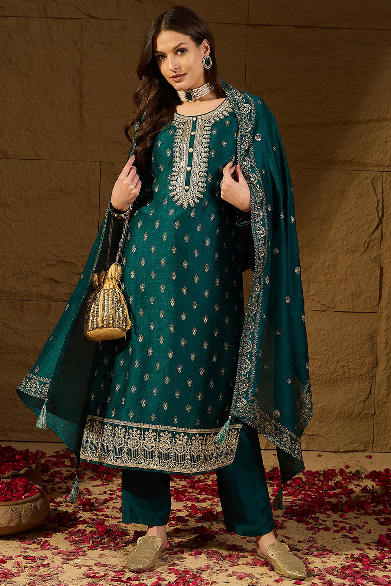 Teal Silk Blend Embroidered Straight Kurta Trouser With Dupatta HOPPKS