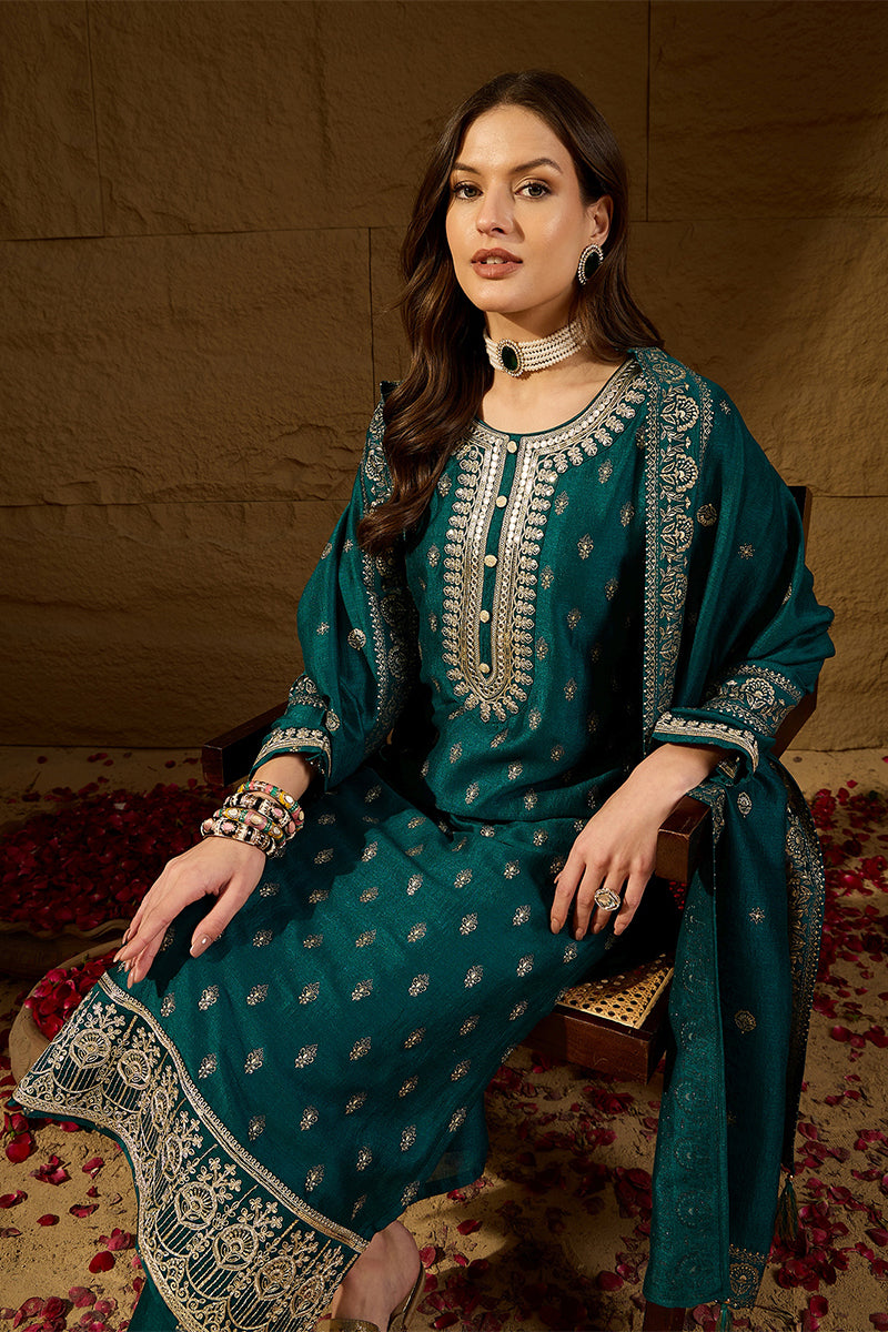 Teal Silk Blend Embroidered Straight Kurta Trouser With Dupatta HOPPKS
