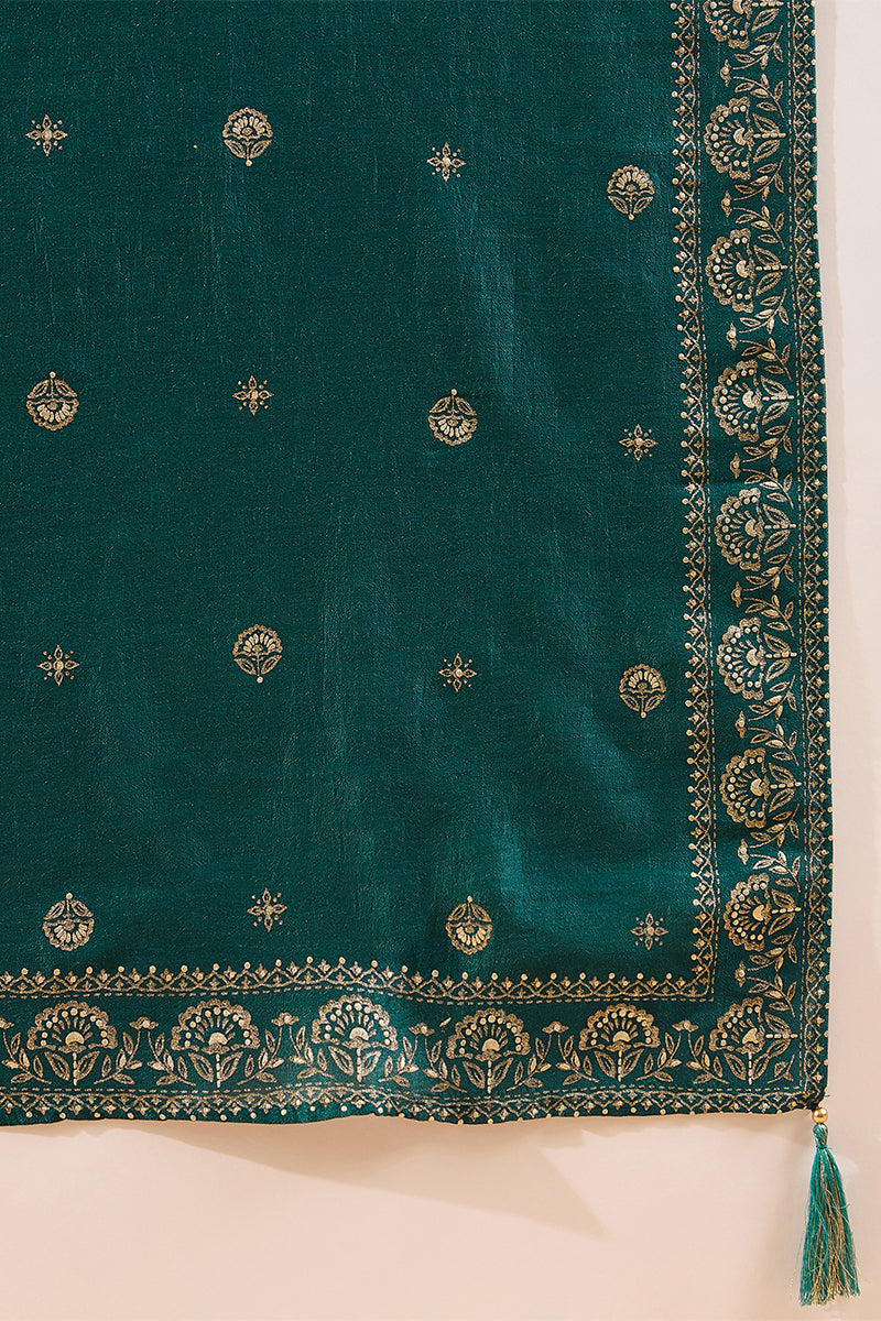 Teal Silk Blend Embroidered Straight Kurta Trouser With Dupatta HOPPKS