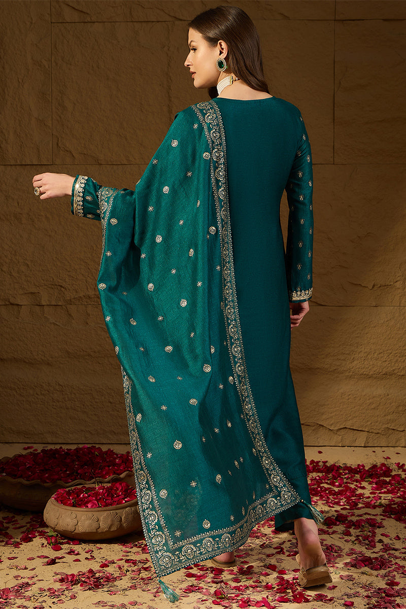Teal Silk Blend Embroidered Straight Kurta Trouser With Dupatta HOPPKS