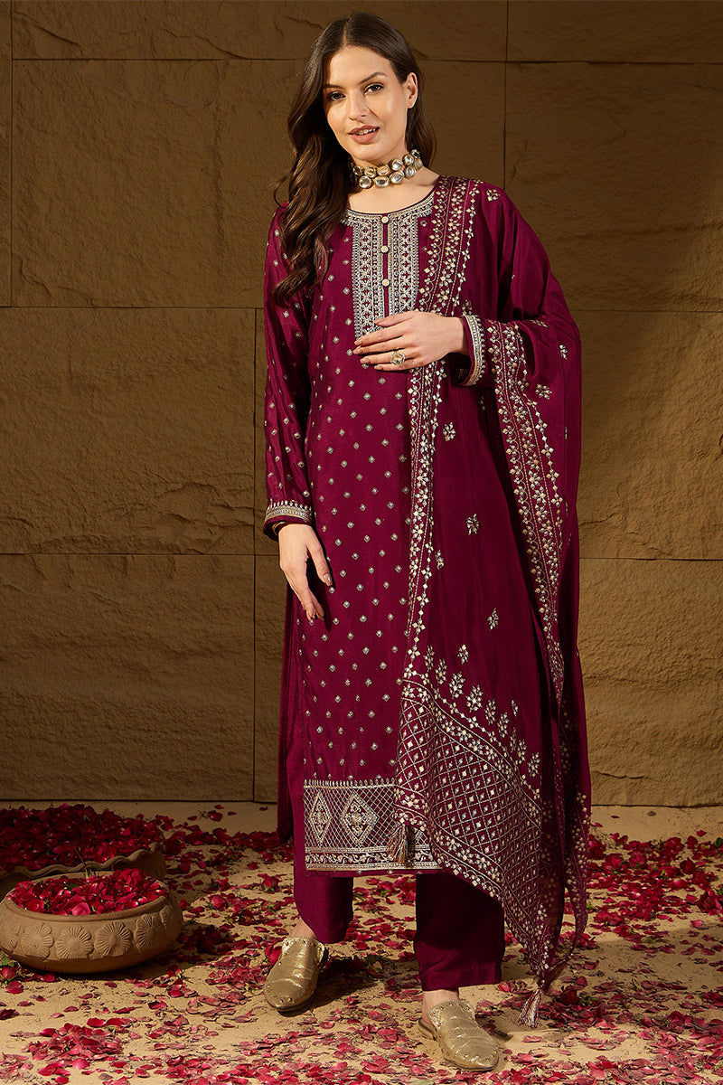 Maroon Silk Blend Embroidered Straight Kurta Trouser With Dupatta HOPP