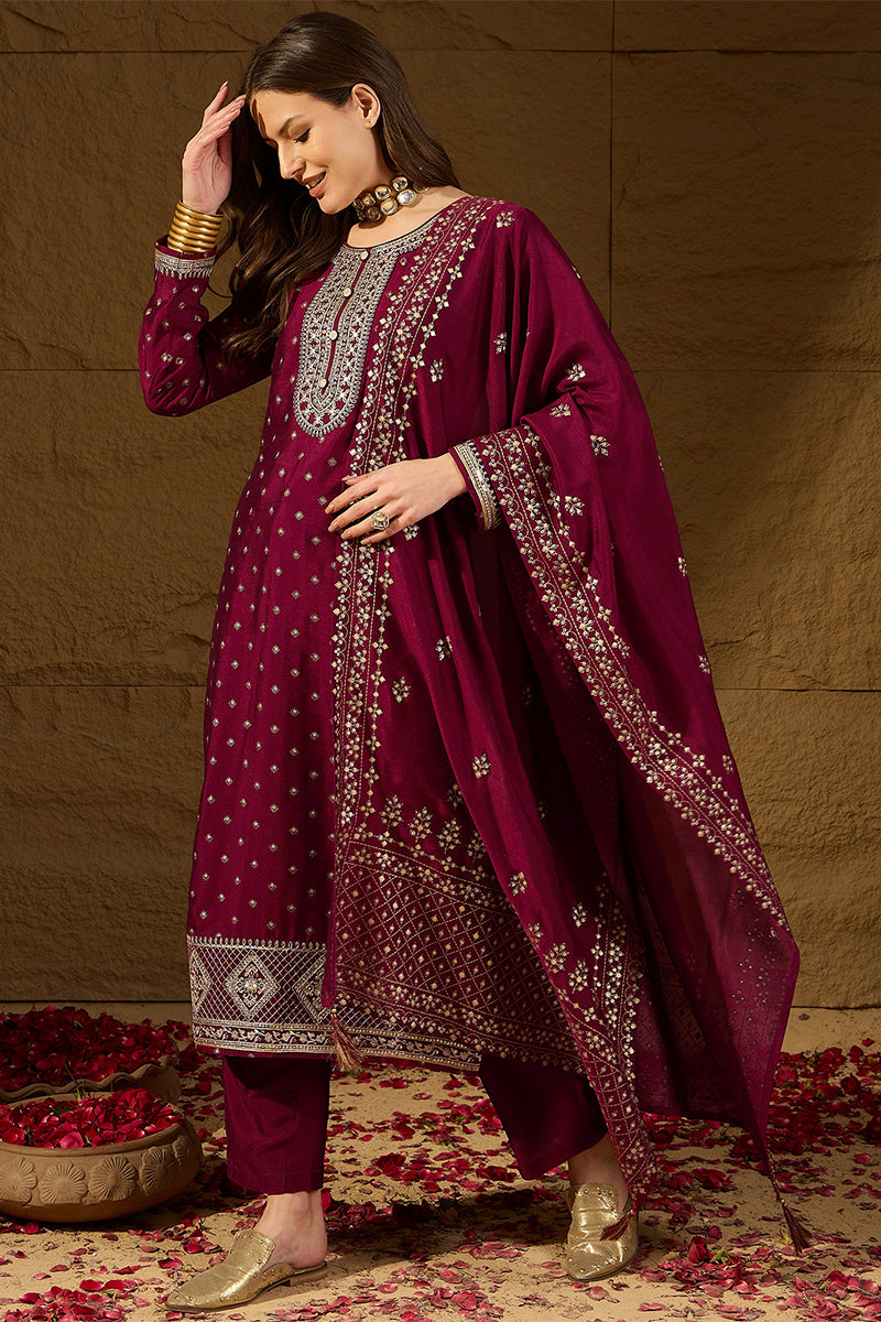 Maroon Silk Blend Embroidered Straight Kurta Trouser With Dupatta HOPP
