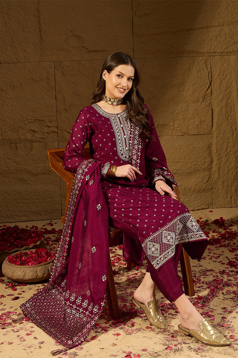 Maroon Silk Blend Embroidered Straight Kurta Trouser With Dupatta HOPP