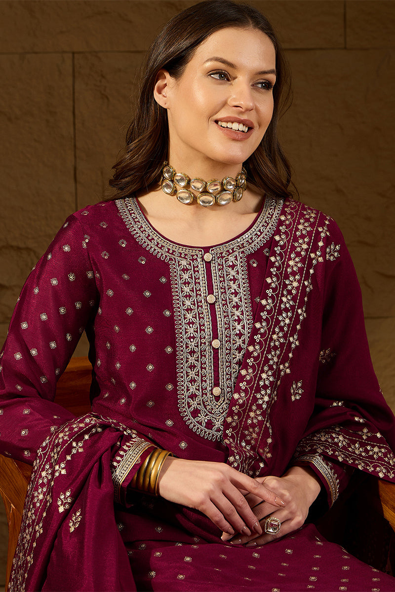Maroon Silk Blend Embroidered Straight Kurta Trouser With Dupatta HOPP