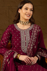 Maroon Silk Blend Embroidered Straight Kurta Trouser With Dupatta HOPPKSKD2835
