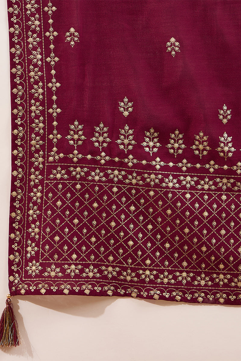 Maroon Silk Blend Embroidered Straight Kurta Trouser With Dupatta HOPP