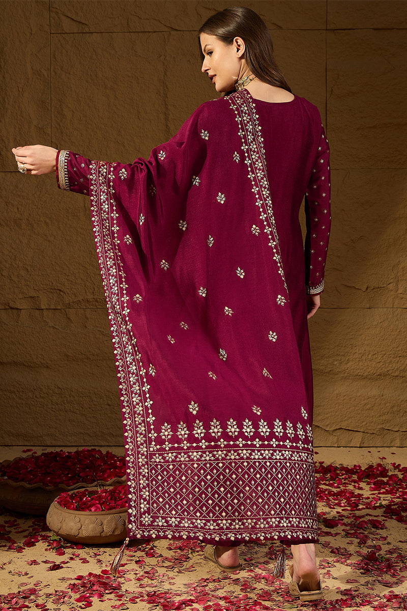 Maroon Silk Blend Embroidered Straight Kurta Trouser With Dupatta HOPP
