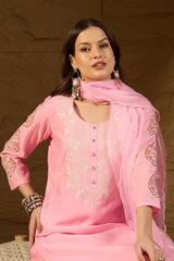Pink  Silk Blend Solid Embroidered Straight Kurta Trouser Suit Set PKSKD2838
