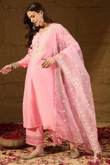Pink  Silk Blend Solid Embroidered Straight Kurta Trouser Suit Set PKSKD2838