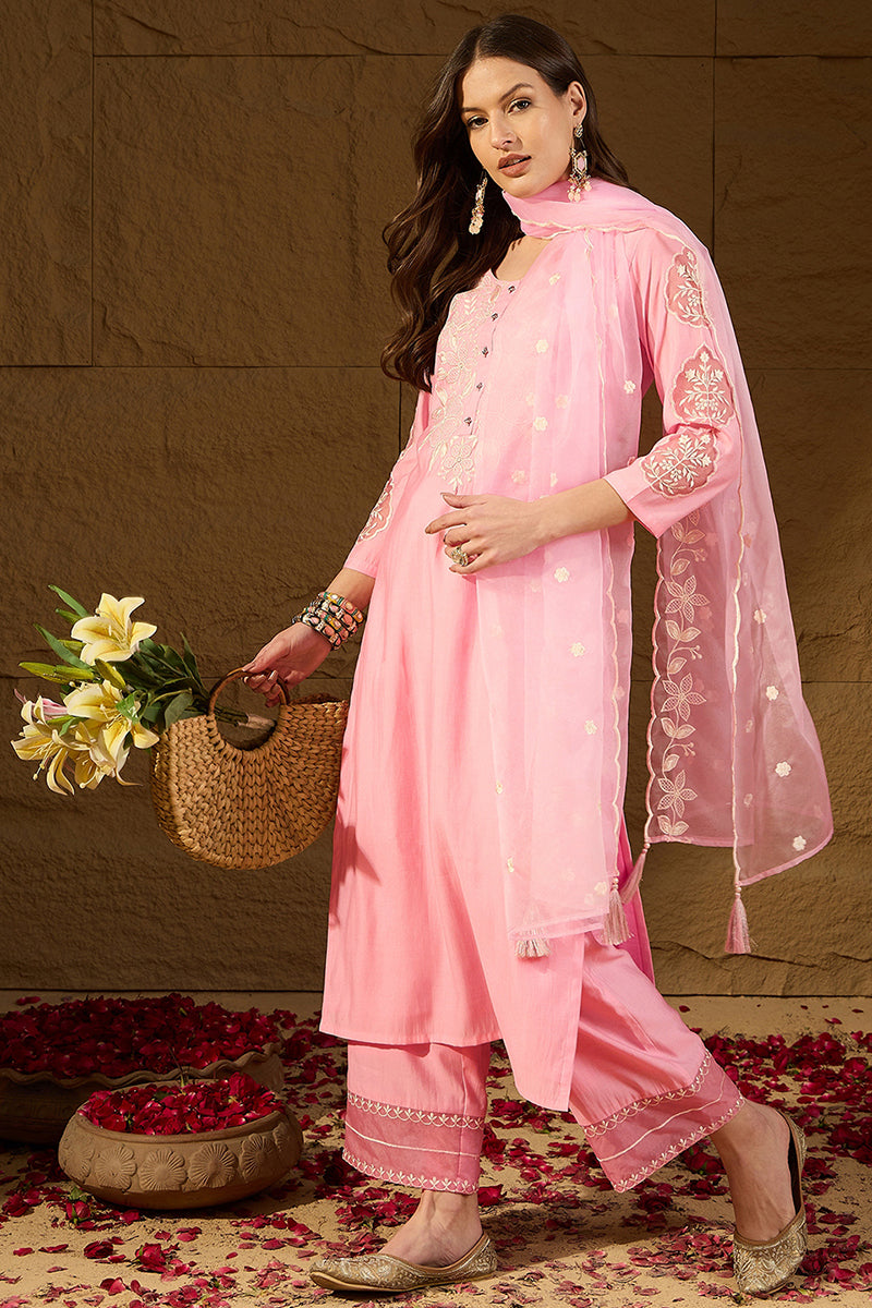 Pink  Silk Blend Solid Embroidered Straight Kurta Trouser Suit Set PKS