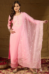 Pink  Silk Blend Solid Embroidered Straight Kurta Trouser Suit Set PKSKD2838