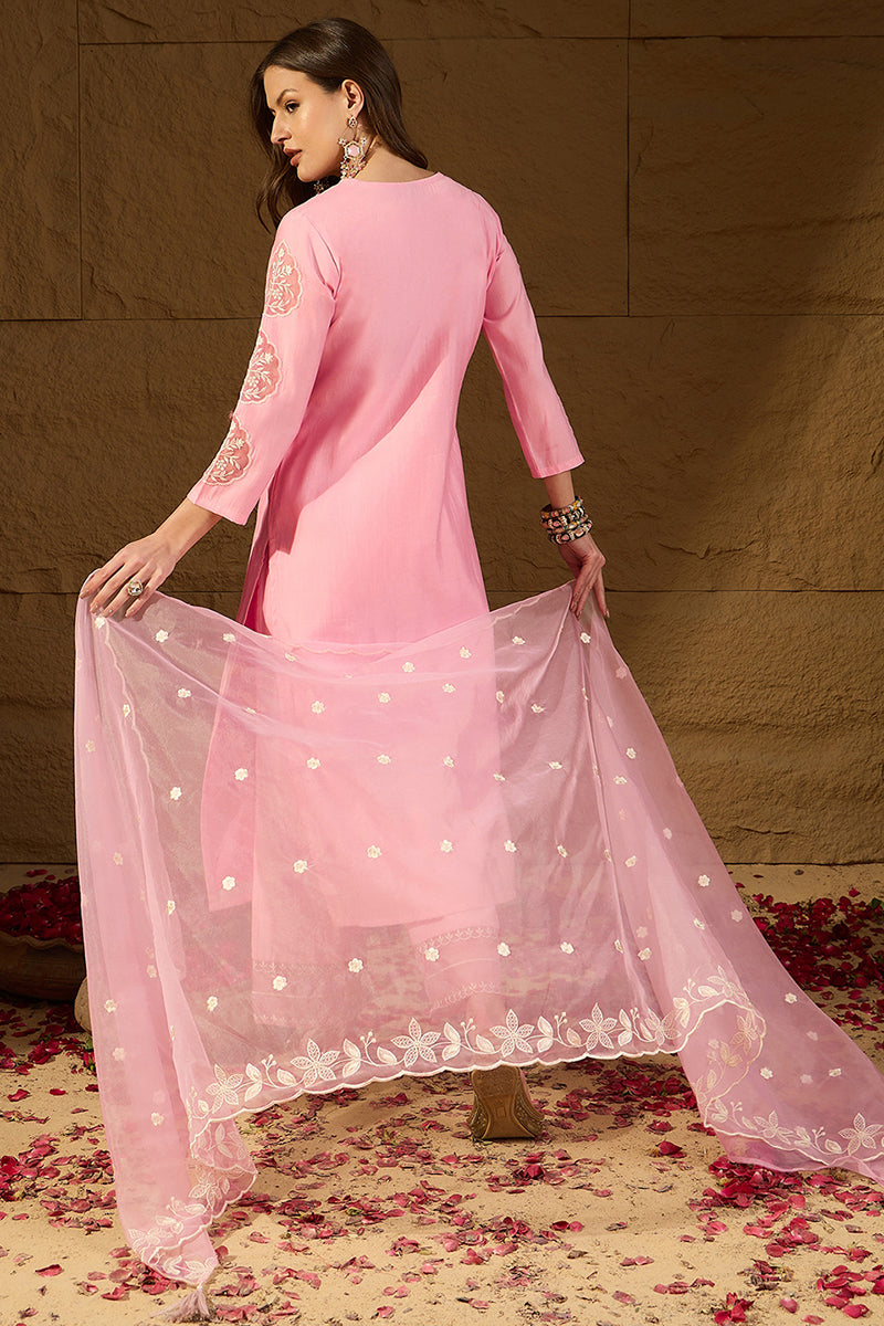 Pink  Silk Blend Solid Embroidered Straight Kurta Trouser Suit Set PKS