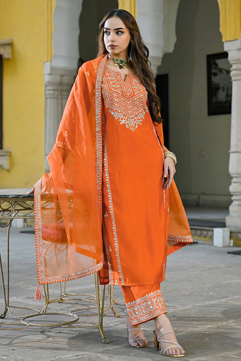 Orange Silk Blend Solid Embroidered Straight Suit Set PKSKD2839 | Desi