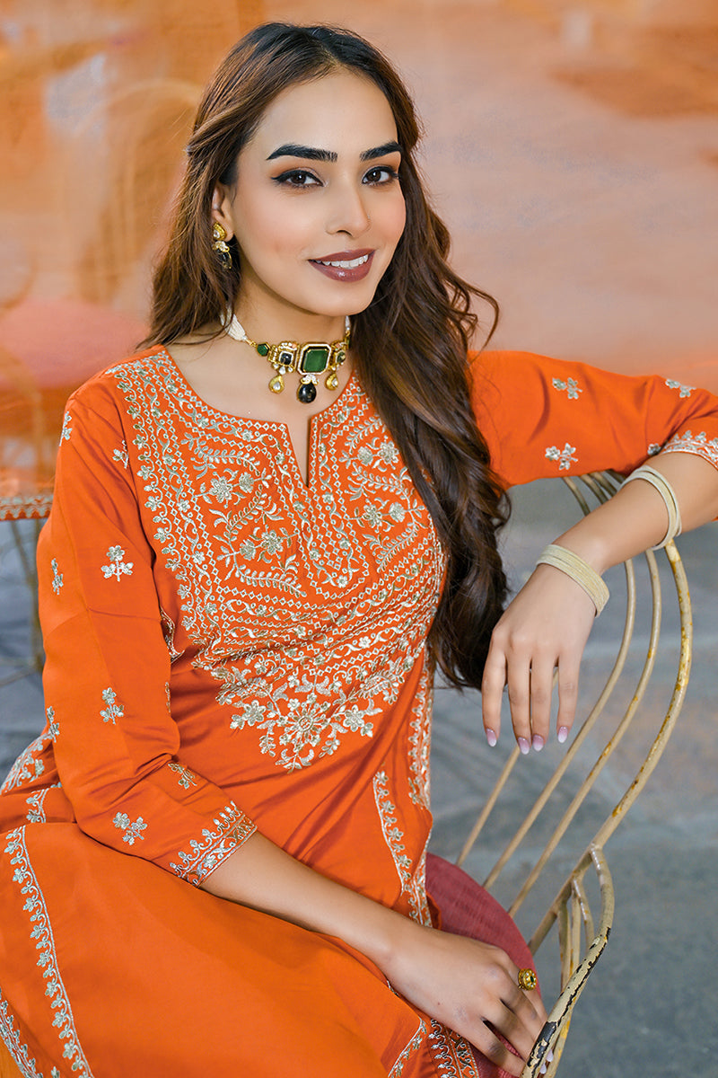 Orange Silk Blend Solid Embroidered Straight Suit Set PKSKD2839 | Desi