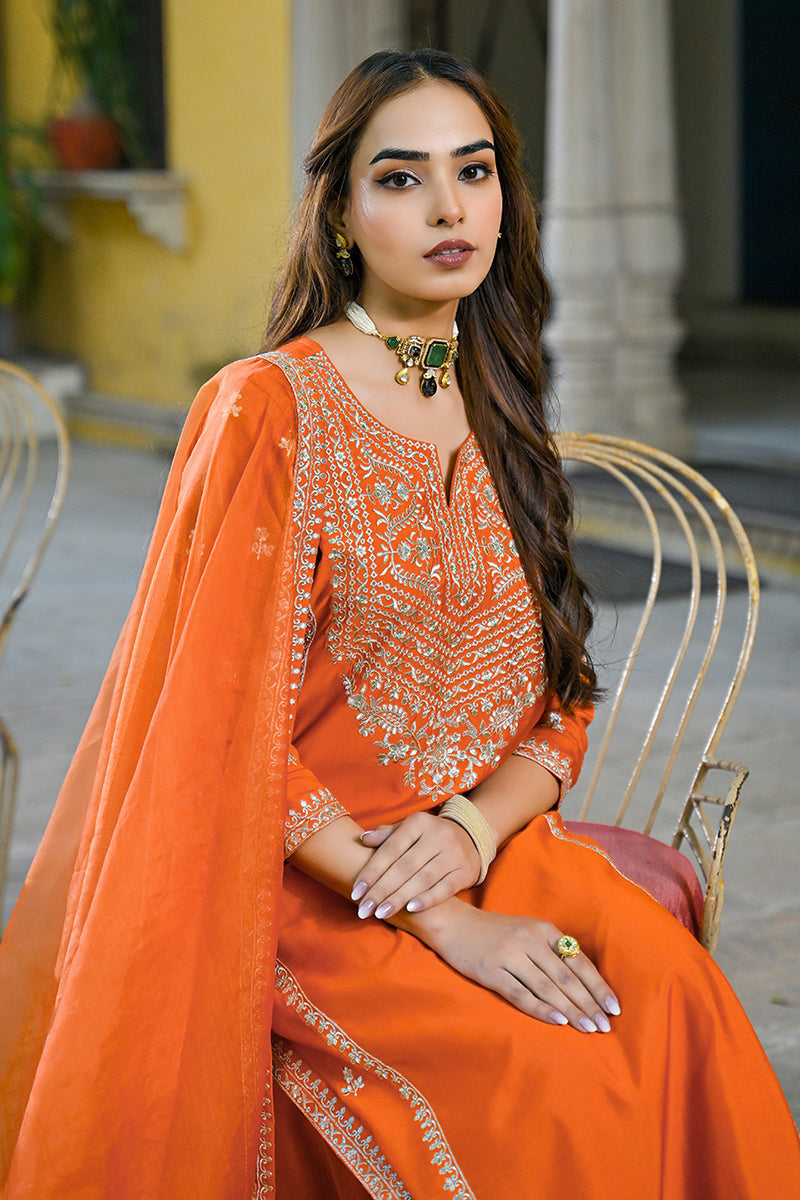 Orange Silk Blend Solid Embroidered Straight Suit Set PKSKD2839 | Desi