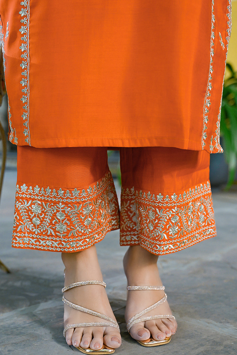 Orange Silk Blend Solid Embroidered Straight Suit Set PKSKD2839 | Desi