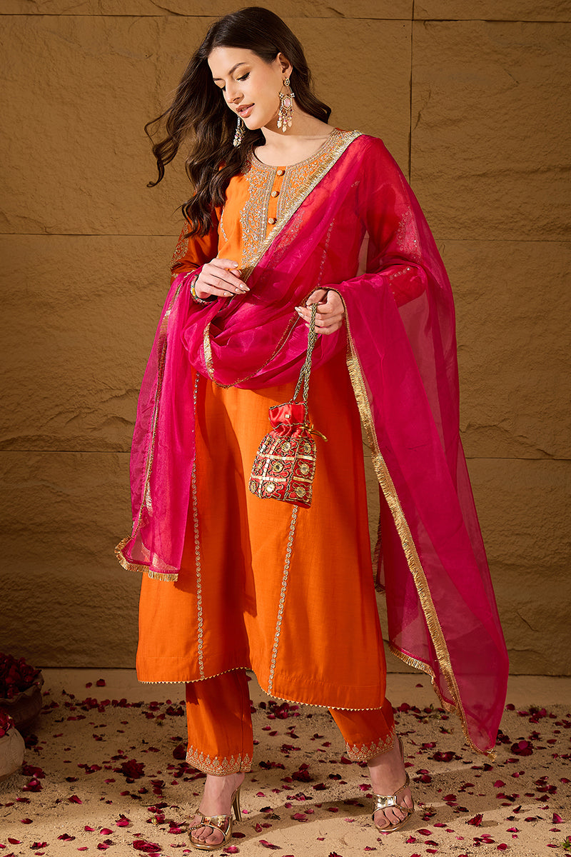 Orange Silk Blend Solid Embroidered A-Line Kurta Trouser and Dupatta H