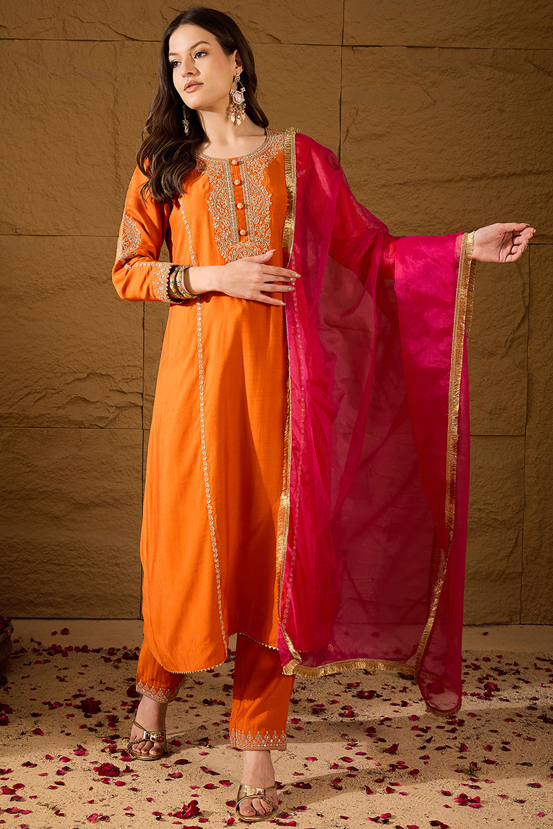 Orange Silk Blend Solid Embroidered A-Line Kurta Trouser and Dupatta H
