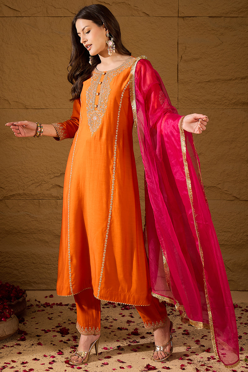 Orange Silk Blend Solid Embroidered A-Line Kurta Trouser and Dupatta H