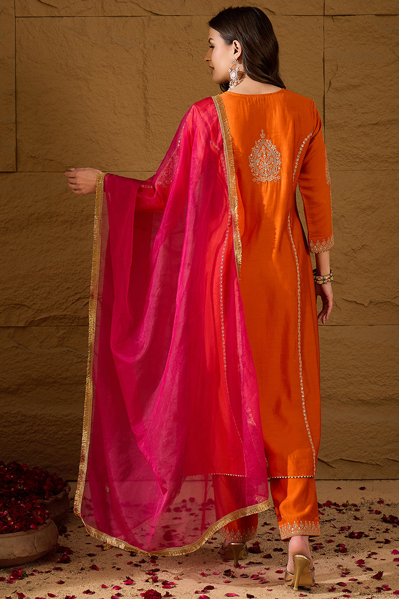 Orange Silk Blend Solid Embroidered A-Line Kurta Trouser and Dupatta H