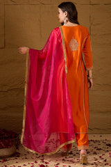 Orange Silk Blend Solid Embroidered A-Line Kurta Trouser and Dupatta HOPPKSKD2841