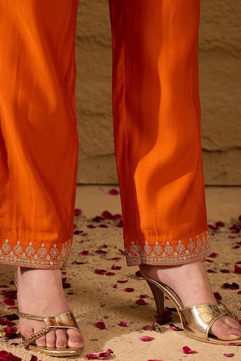 Orange Silk Blend Solid Embroidered A-Line Kurta Trouser and Dupatta H