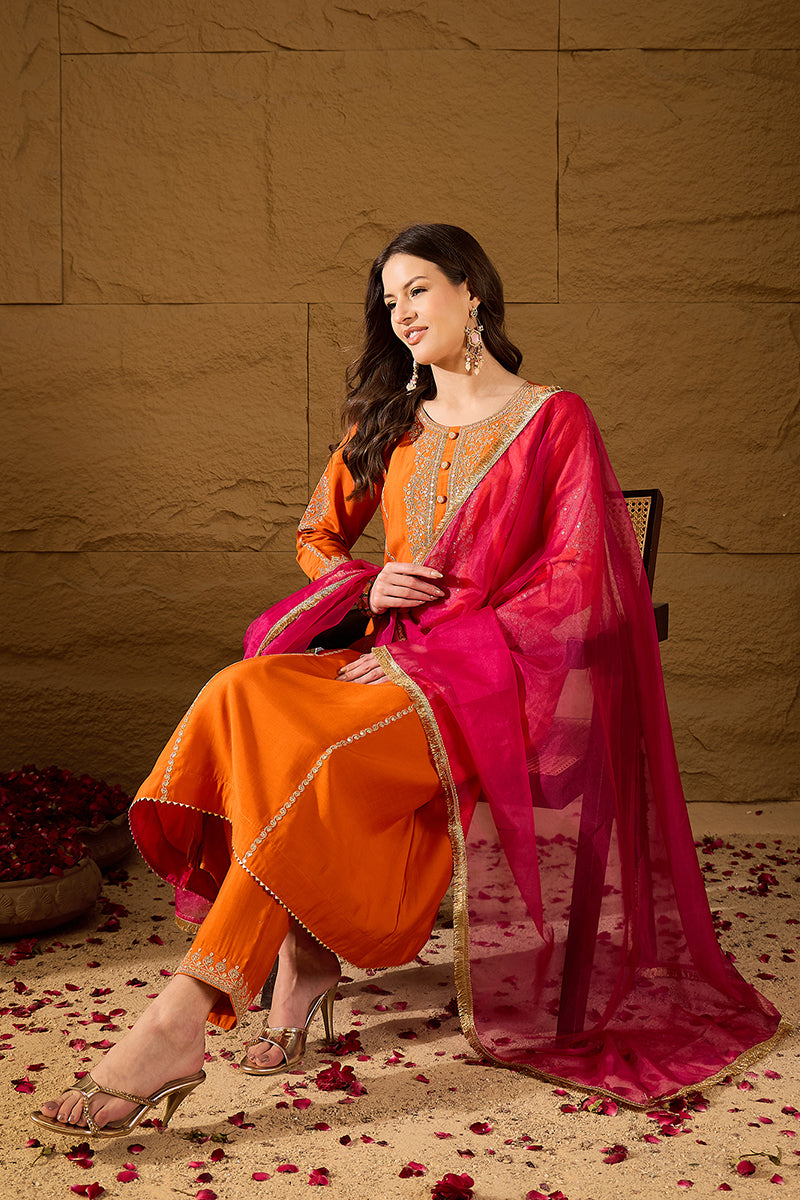 Orange Silk Blend Solid Embroidered A-Line Kurta Trouser and Dupatta H