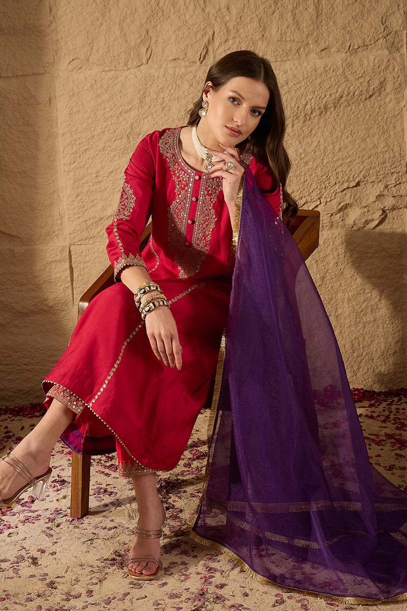 Red Silk Blend Solid Embroidered A-Line Kurta Trouser and Dupatta HOPP