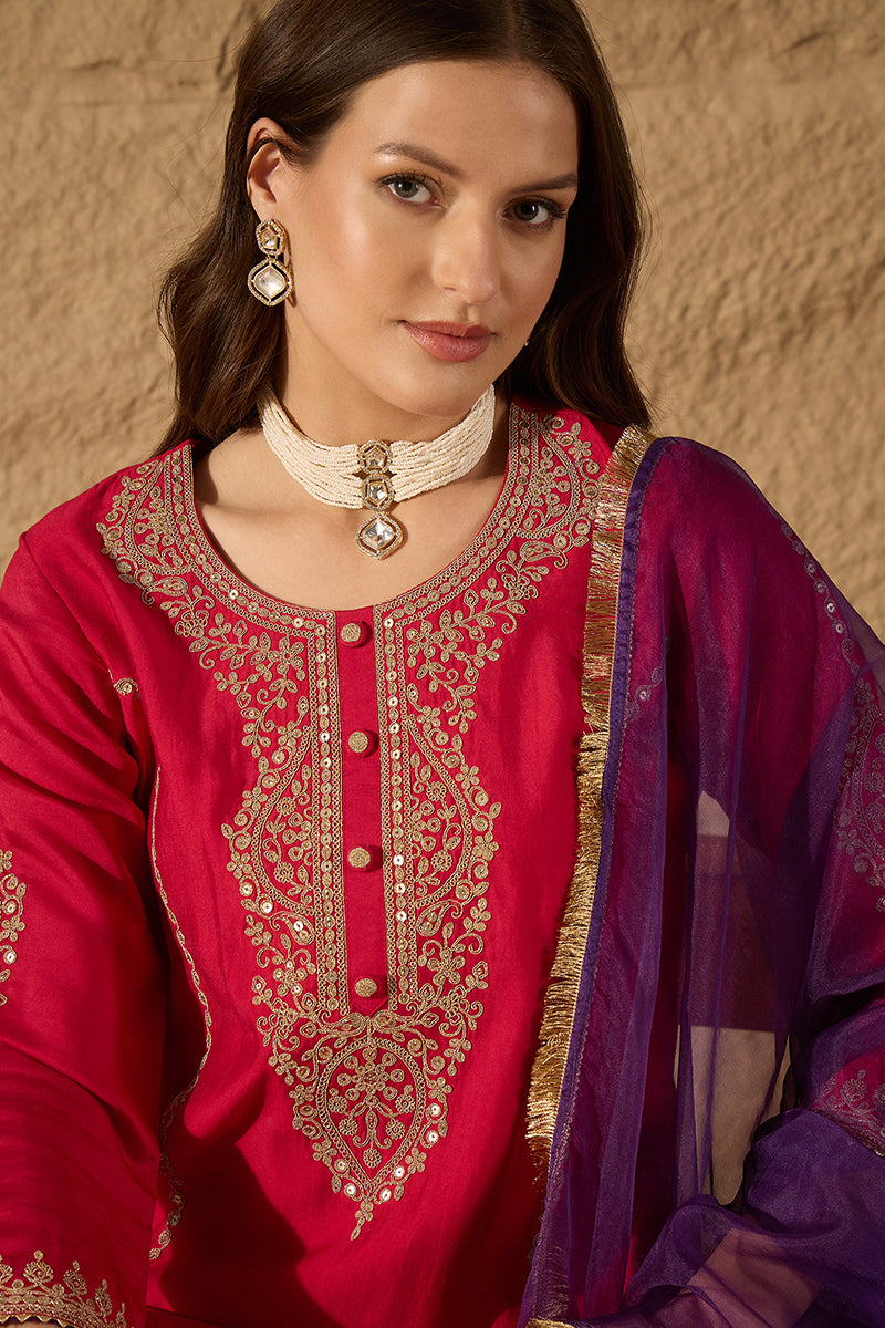 Red Silk Blend Solid Embroidered A-Line Kurta Trouser and Dupatta HOPP