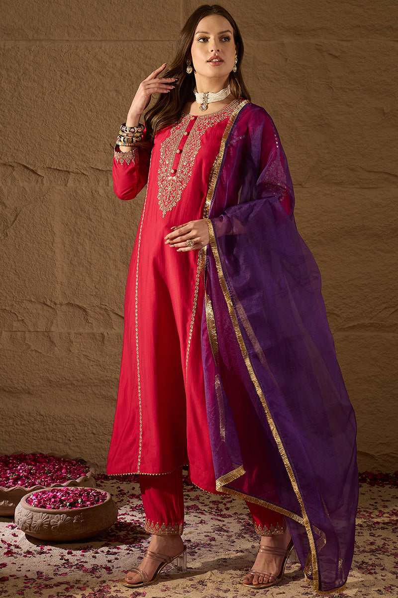 Red Silk Blend Solid Embroidered A-Line Kurta Trouser and Dupatta HOPP