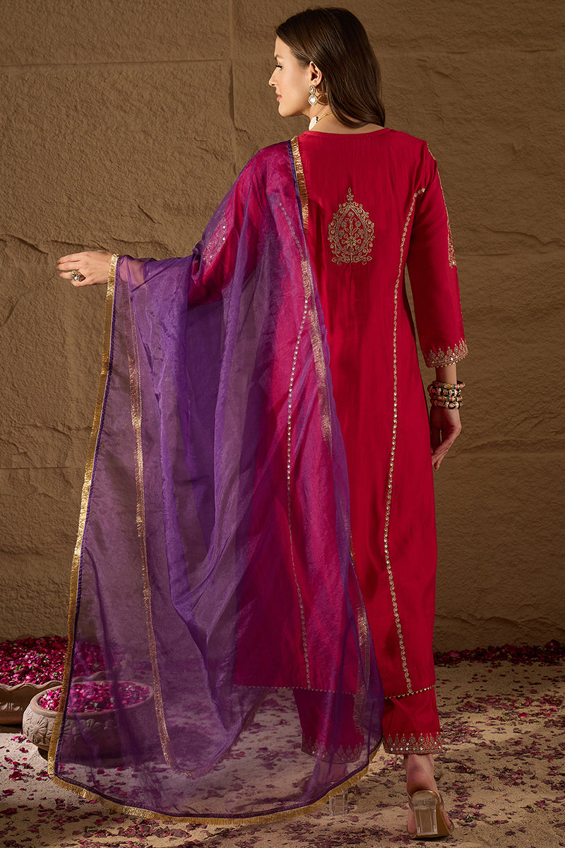 Red Silk Blend Solid Embroidered A-Line Kurta Trouser and Dupatta HOPP