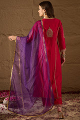 Red Silk Blend Solid Embroidered A-Line Kurta Trouser and Dupatta HOPPKSKD2842