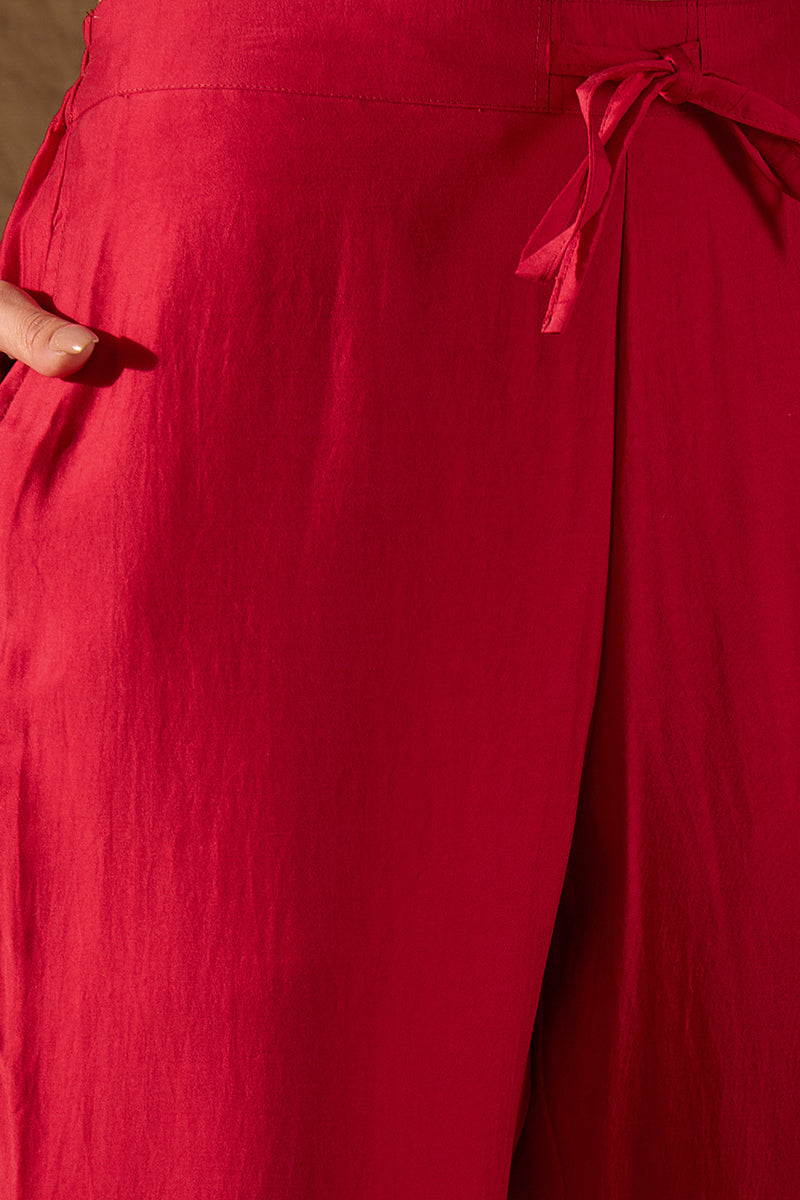 Red Silk Blend Solid Embroidered A-Line Kurta Trouser and Dupatta HOPP