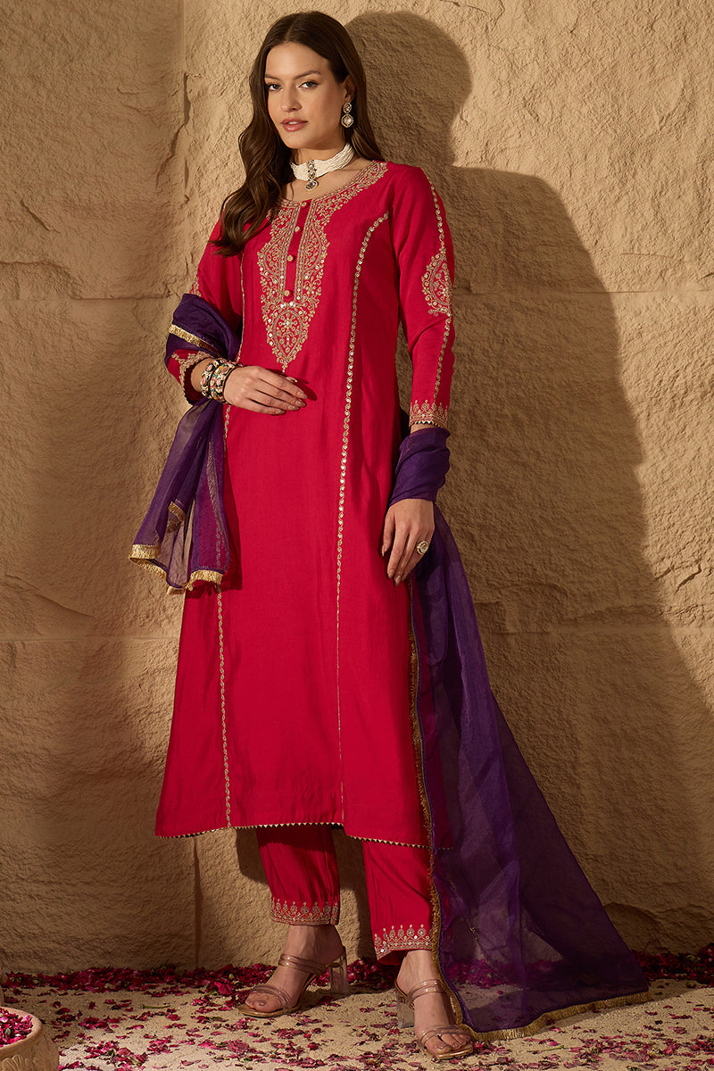 Red Silk Blend Solid Embroidered A-Line Kurta Trouser and Dupatta HOPP