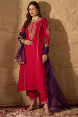 Red Silk Blend Solid Embroidered A-Line Kurta Trouser and Dupatta HOPPKSKD2842