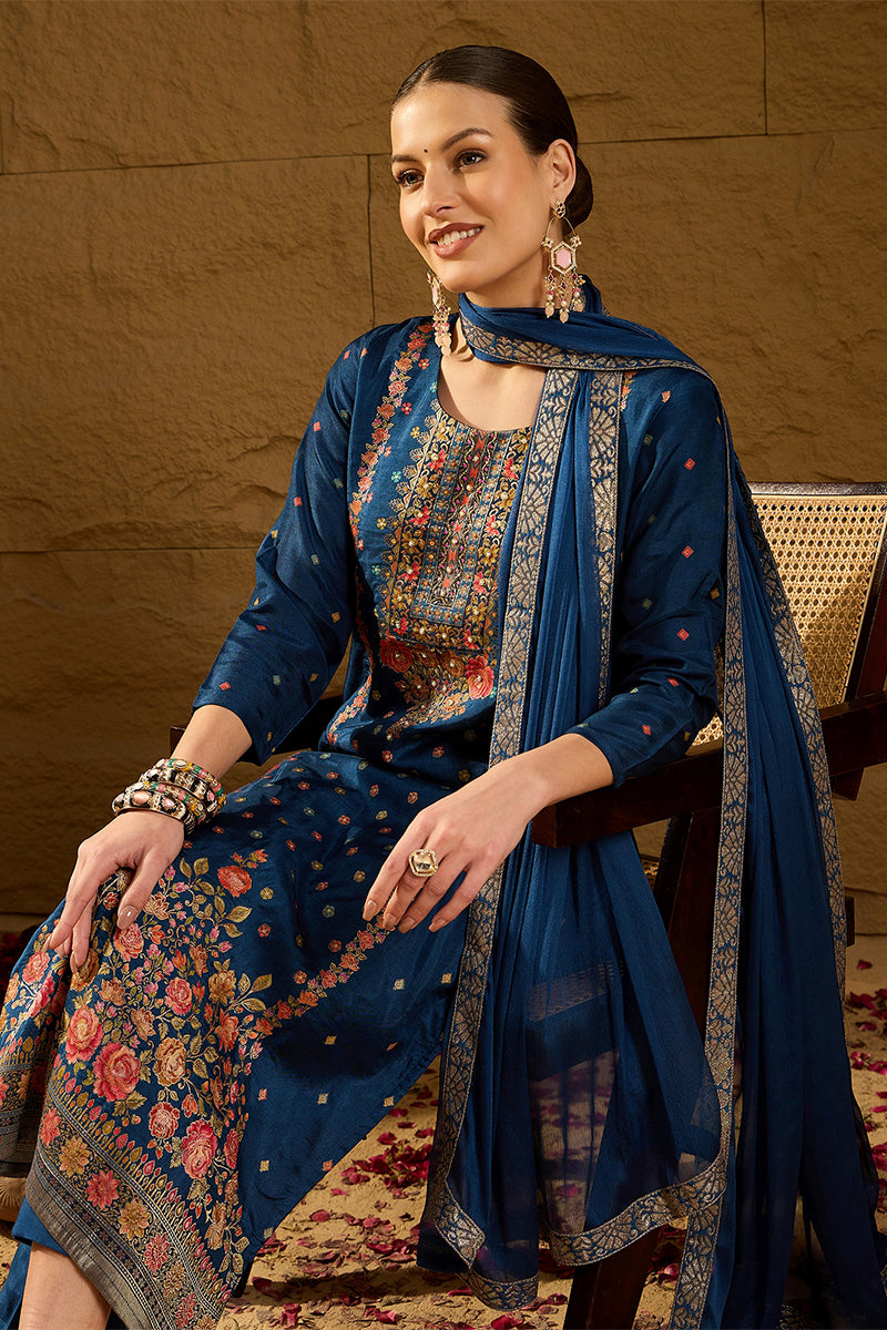 Blue Silk Floral Woven Design Straight Kurta Trousers With Dupatta HOP