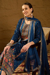 Blue Silk Floral Woven Design Straight Kurta Trousers With Dupatta HOPPKSKD2843