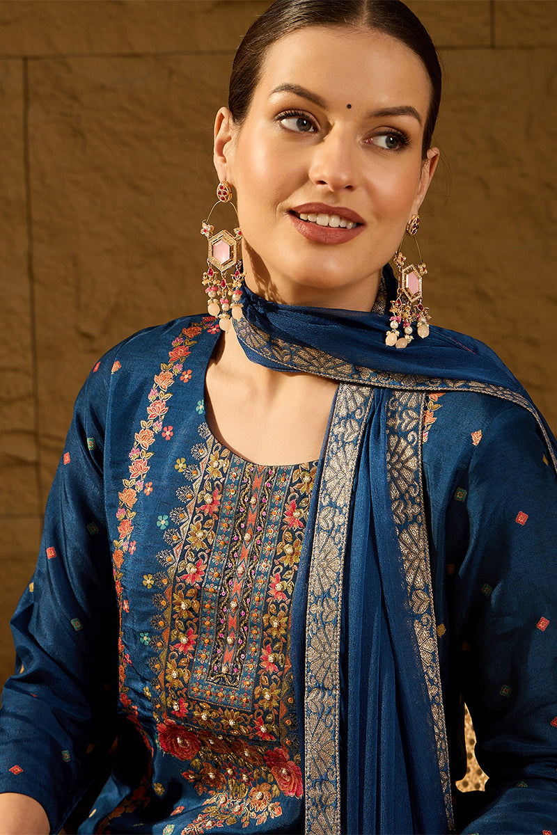 Blue Silk Floral Woven Design Straight Kurta Trousers With Dupatta HOP