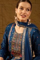 Blue Silk Floral Woven Design Straight Kurta Trousers With Dupatta HOPPKSKD2843