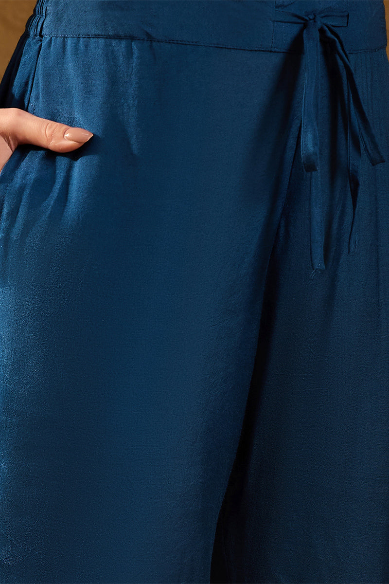 Blue Silk Floral Woven Design Straight Kurta Trousers With Dupatta HOP