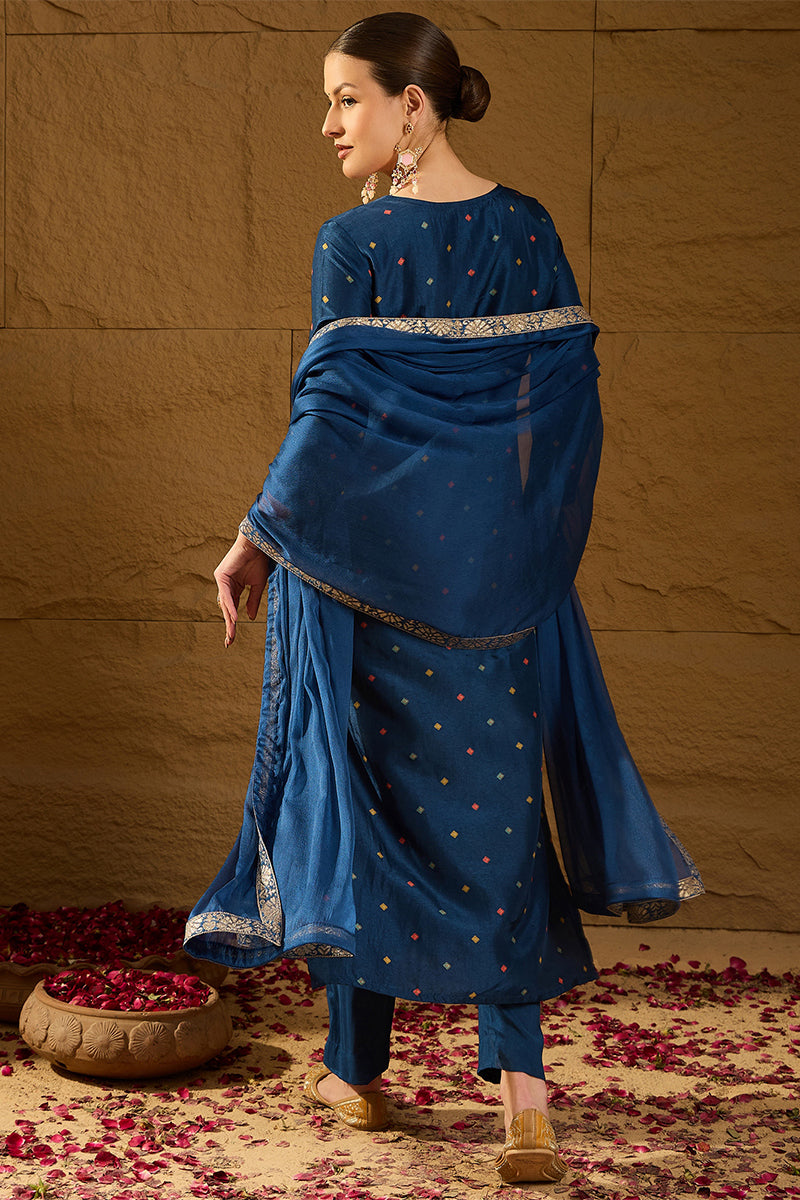 Blue Silk Floral Woven Design Straight Kurta Trousers With Dupatta HOP