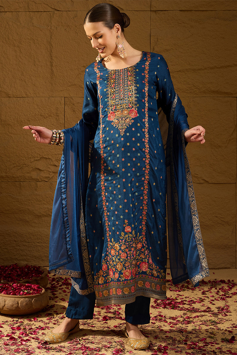 Blue Silk Floral Woven Design Straight Kurta Trousers With Dupatta HOP