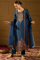 Blue Silk Floral Woven Design Straight Kurta Trousers With Dupatta HOPPKSKD2843