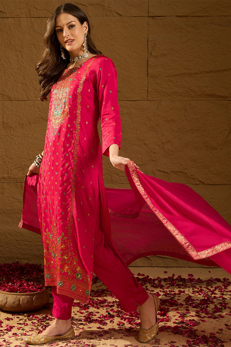 Pink Silk Floral Woven Design Straight Kurta Trousers With Dupatta HOP
