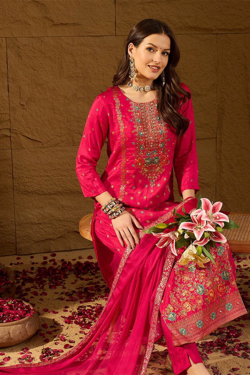 Pink Silk Floral Woven Design Straight Kurta Trousers With Dupatta HOP